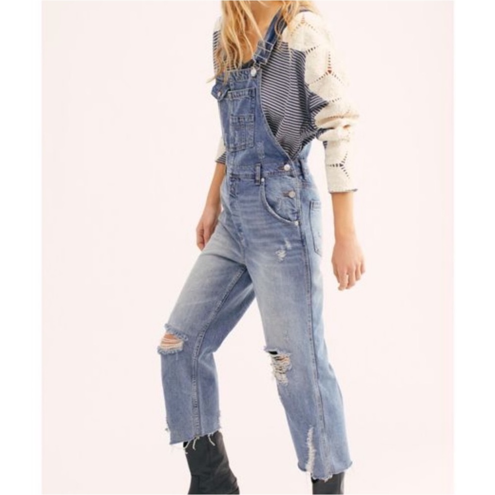 We The Free Light Wash Distressed Women's Denim Overalls